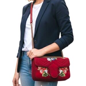 Red Flower Embroided Crossbody Chain Purse
